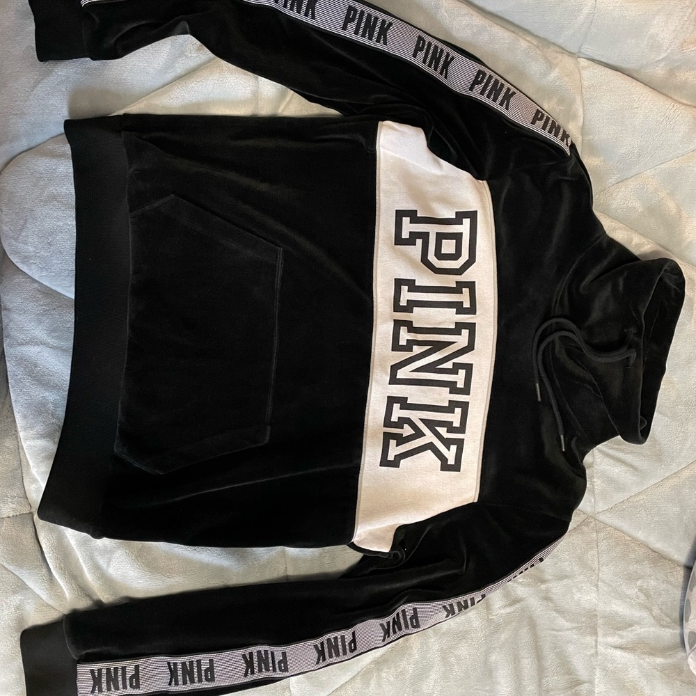 Vs pink black velvet funnel neck hoodie